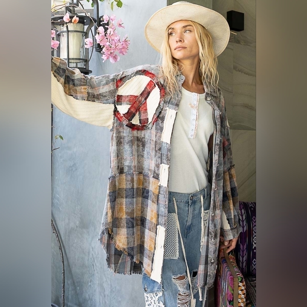 NWT POL Peace Plaid Patchwork Oversize Button down Bohemian Shirt Shacket